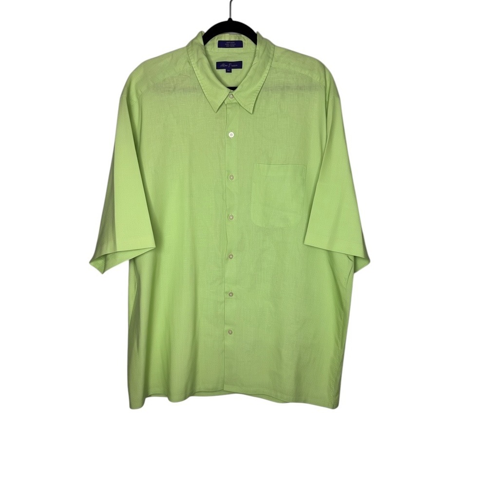Alan Flusser Mens XXL Lime Green 100% Linen Short Sleeve Button Down Shirt